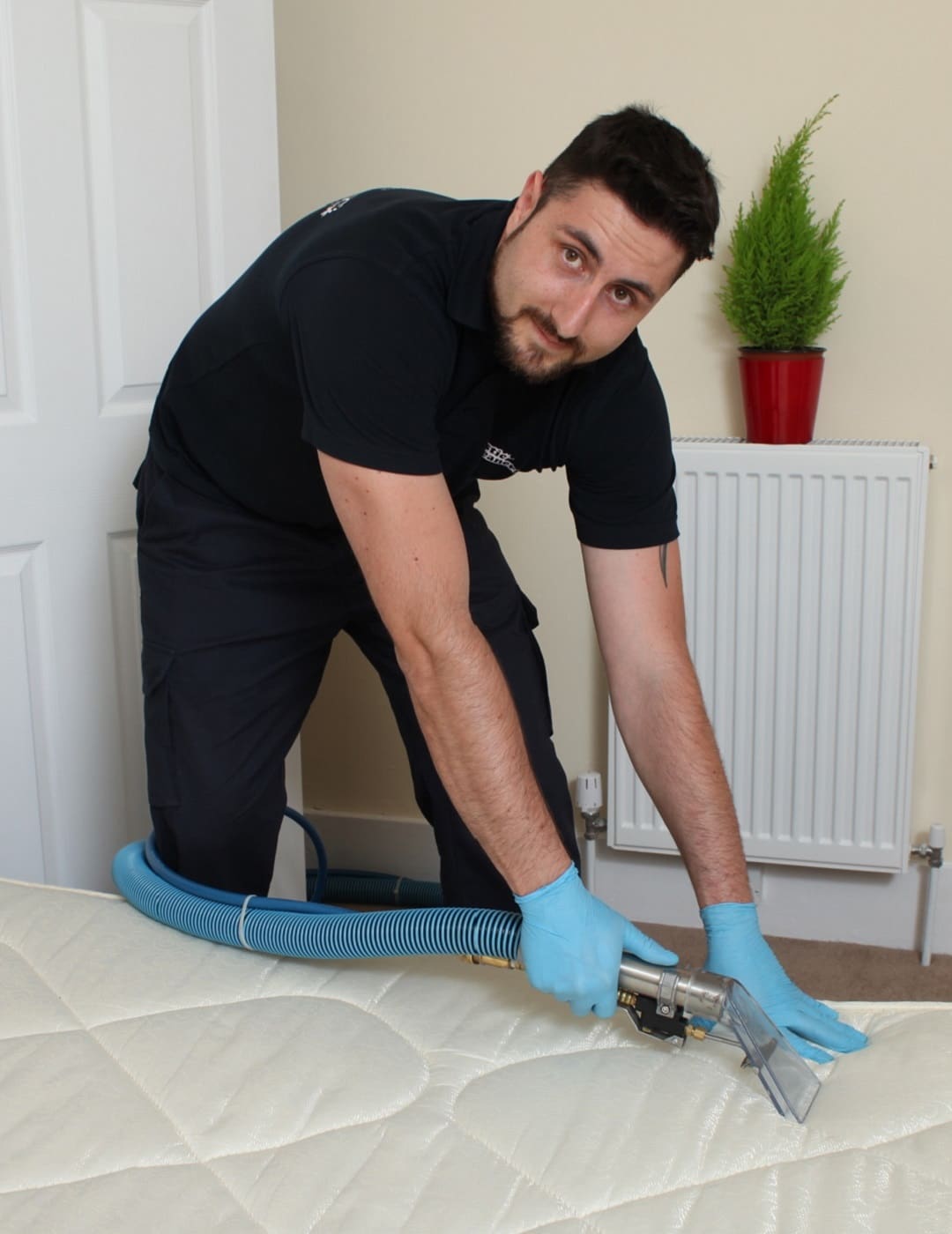 Professional cleaning a matress with an extractor machine