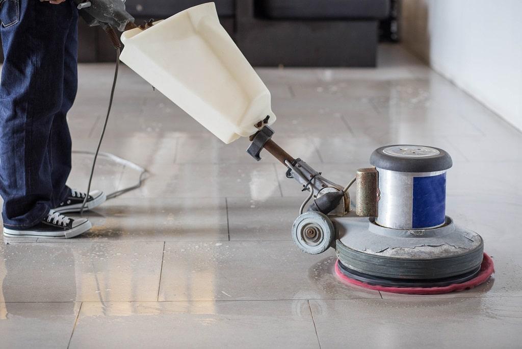 Stone floor cleaning with professional buffer machine for cleaning stone floors